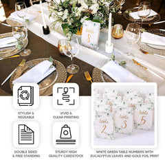 25-Pack Paper Wedding Table Numbers 1-25 White/Green Eucalyptus Leaves Design - Free Standing Double Sided Table Signs with Glam Gold Foil Numbers 7"