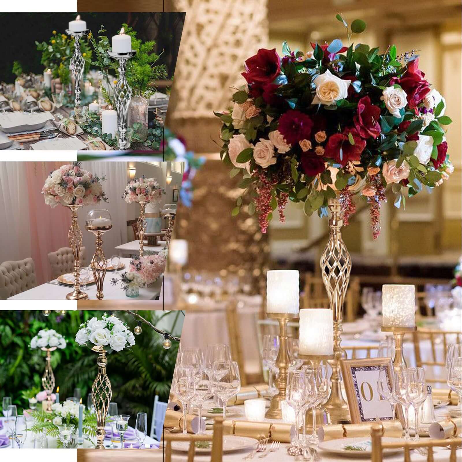 3-Pack Metal Pillar Candle Holders Reversible Flower Ball Pedestal Design Gold - Decorative Event Centerpieces 26"