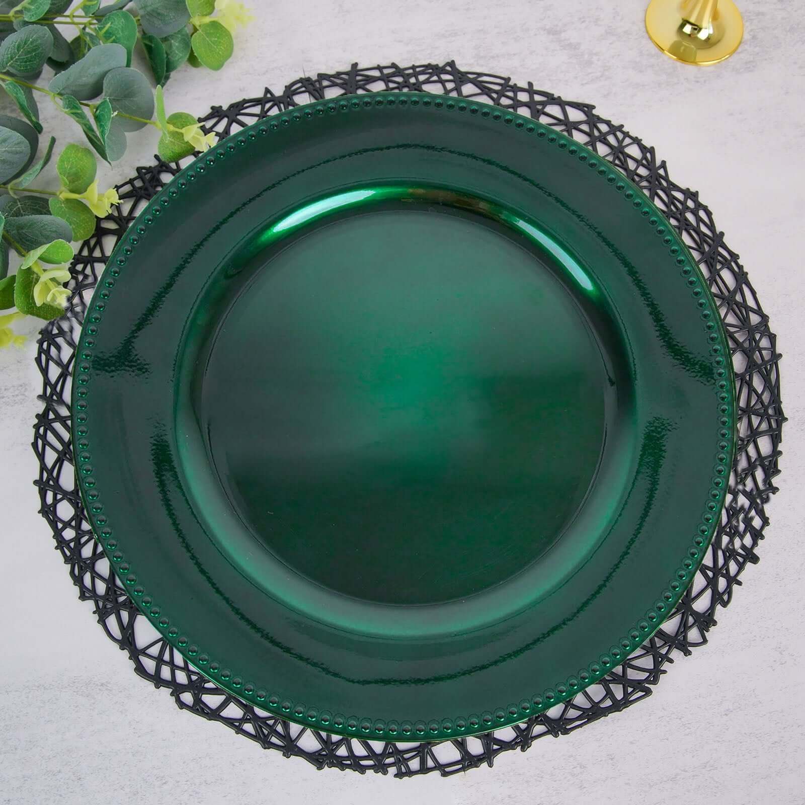 6-Pack Acrylic Round Charger Plates 13" in Hunter Emerald Green with Beaded Rim, Dinner Charger Event Tabletop Decor