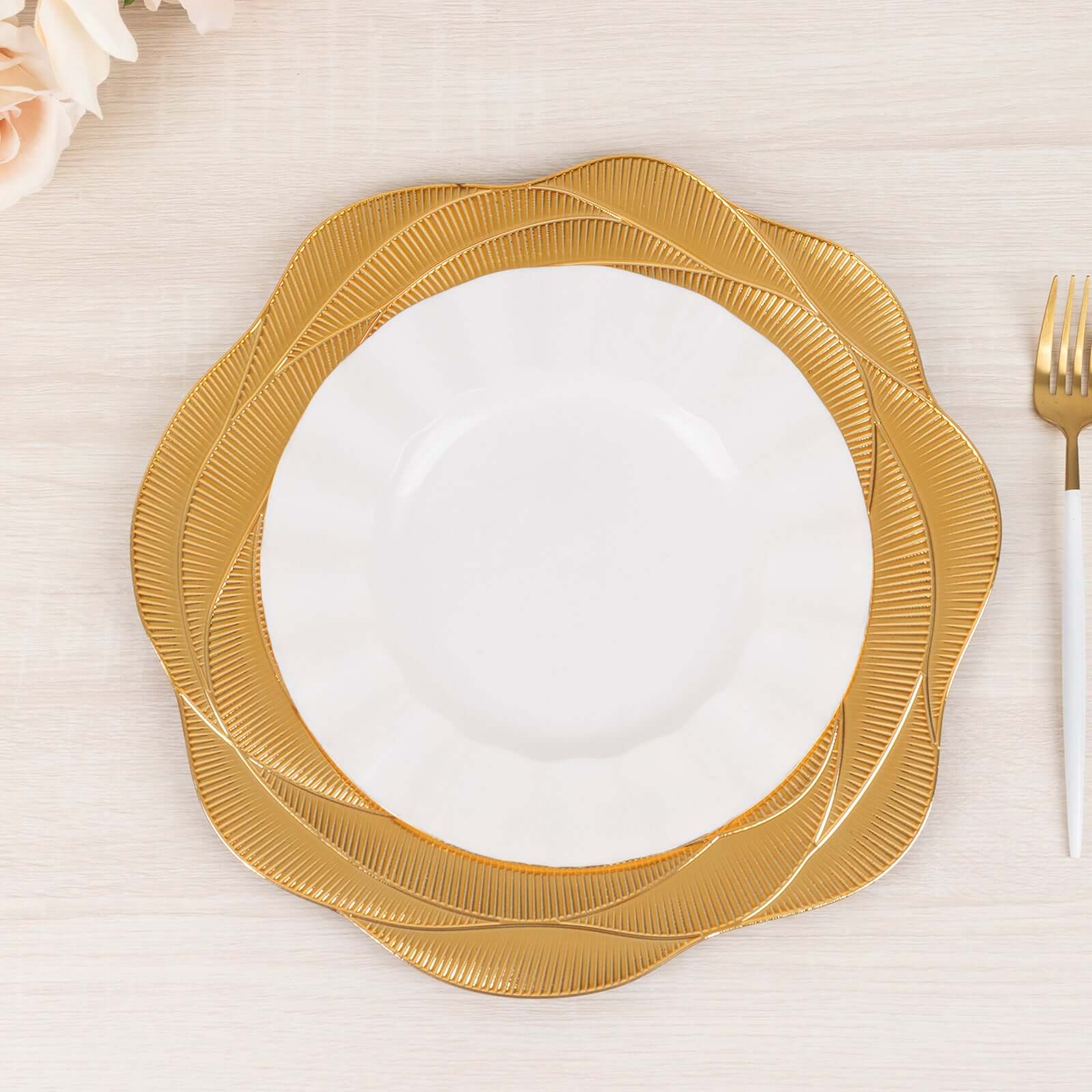 6-Pack Acrylic Round Charger Plates 13" in Metallic Gold with Ribbed Rose Pattern, Event Tabletop Decorative Charger Tableware