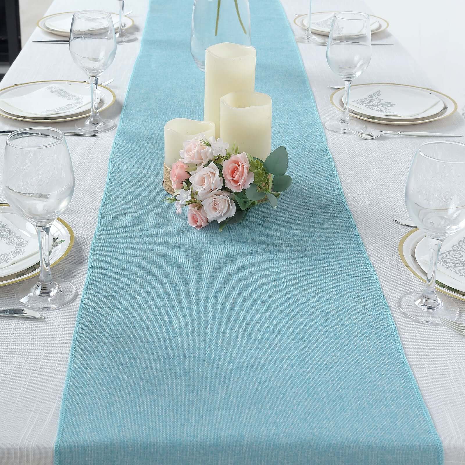 14"x108" Turquoise Boho Chic Rustic Faux Burlap Cloth Table Runner