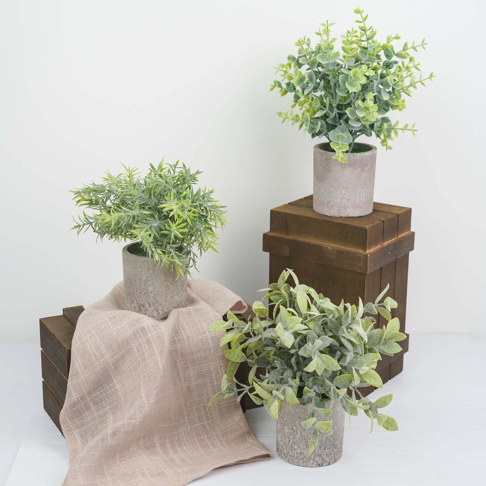 3 Plant Set Mini Potted Artificial Eucalyptus, Rosemary and Boxwood Faux Planter Collection - Small Decorative Faux Herb Garden for Desk Countertops Table Shelf Display 9"