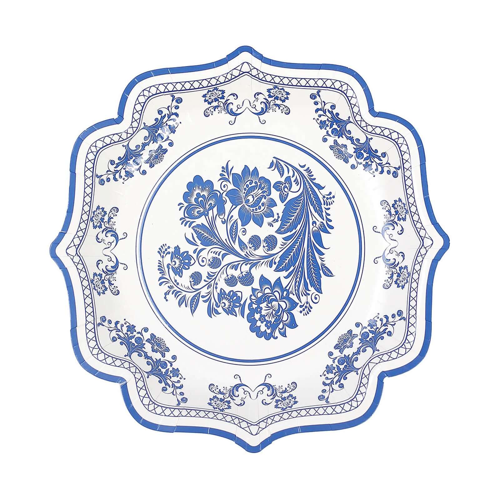 25-Pack Paper Dessert Plates in White with Light Blue Damask Floral Print & Scallop Rim - Stylish Disposable 300GSM Floral Salad Appetizer Plates 8"