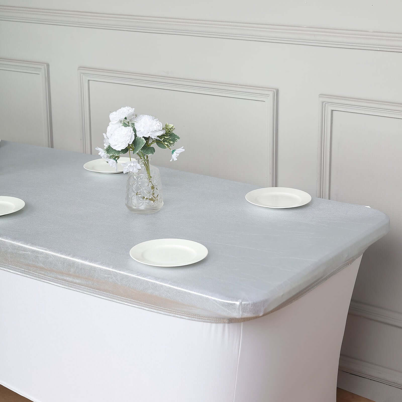 Stretch Spandex 72"x30" Rectangle Table Top Cover Metallic Silver - Easy to Install Fitted Table Topper Cap