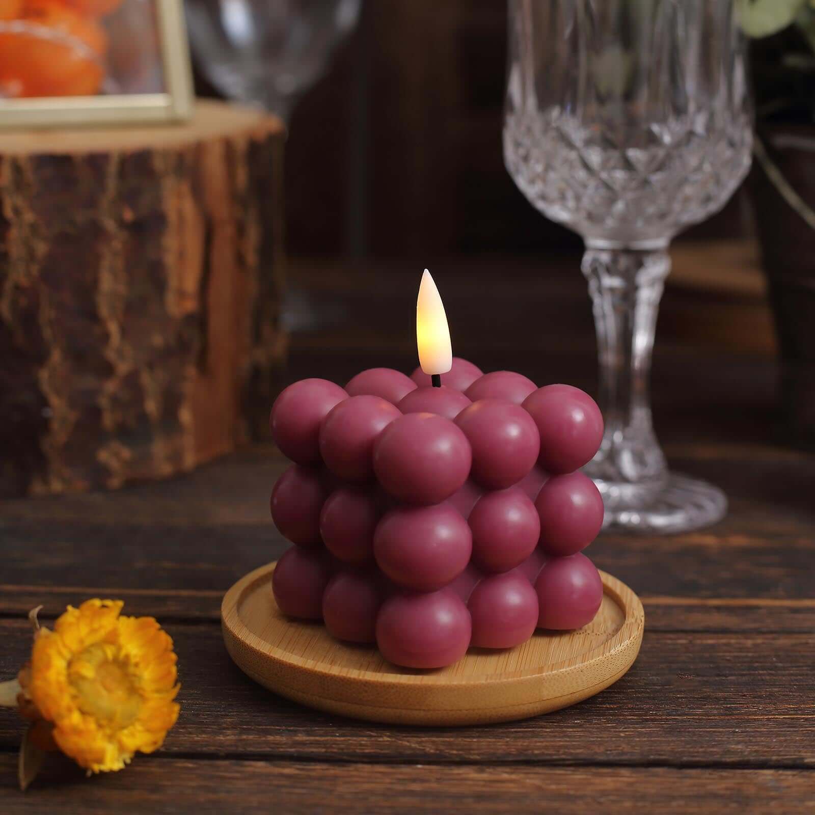 2-Pack LED Flameless Cube Candles Flickering Warm White Burgundy - Battery Operated Bubble Design 2"