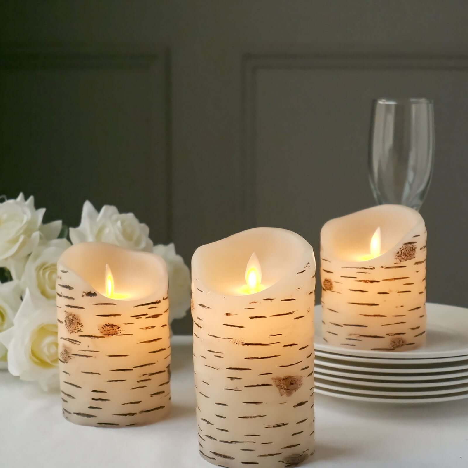 Set of 3 LED Flameless Pillar Candles Burnt Birch Bark Design Warm White - Battery Operated with Remote