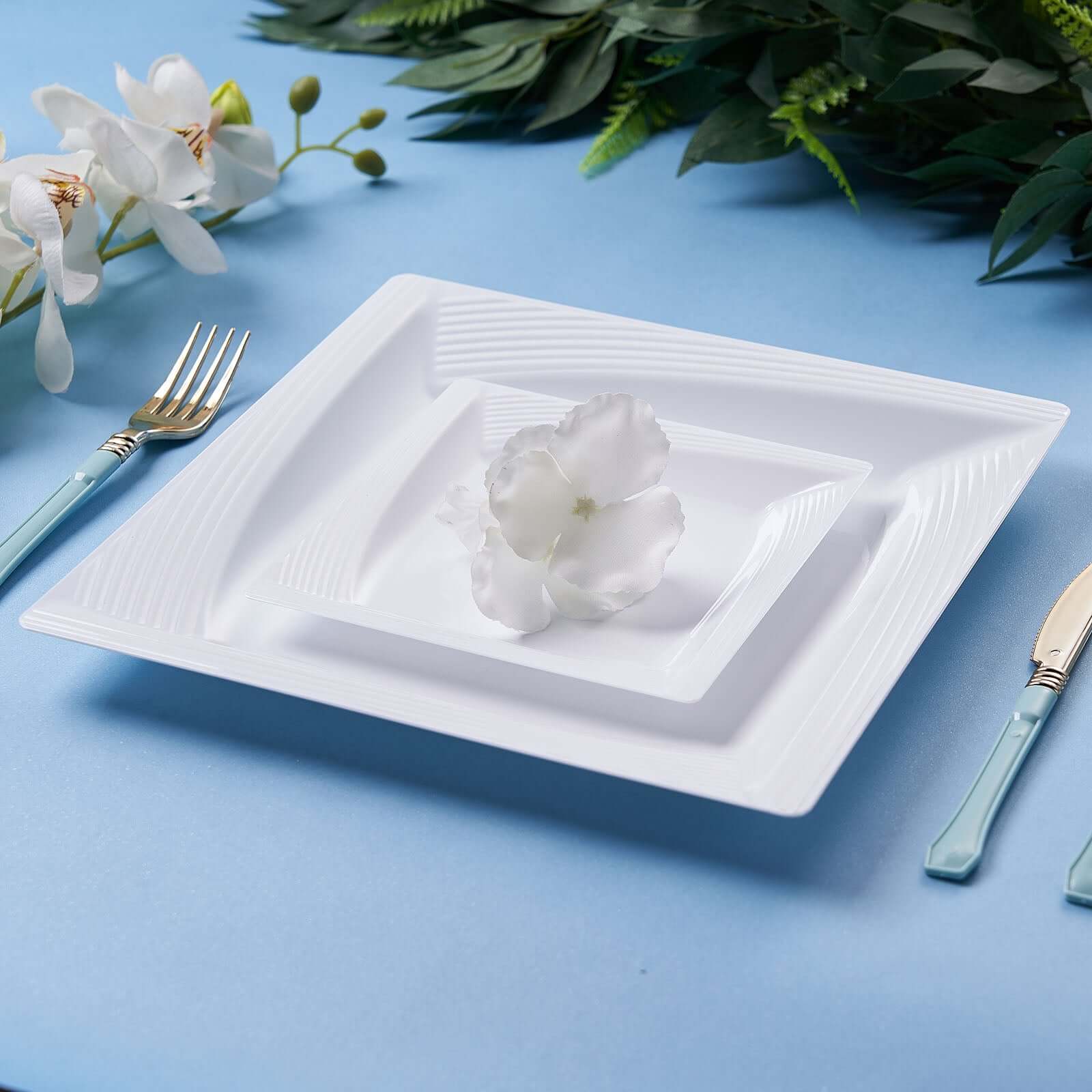 10-Pack Plastic 6" Square Dessert Plates in White with Geometric Ridge Trim - Disposable Appetizer Salad Plates for Stylish Gatherings & Celebrations