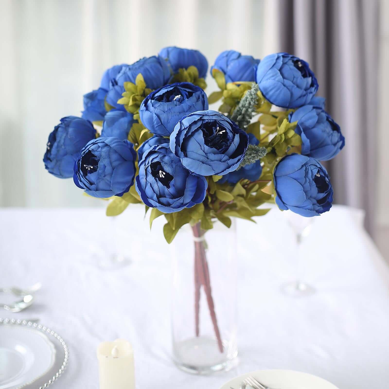 2 Pack 19" Royal Blue Artificial Peony Flower Wedding Bouquets, Faux Silk Flower Arrangements