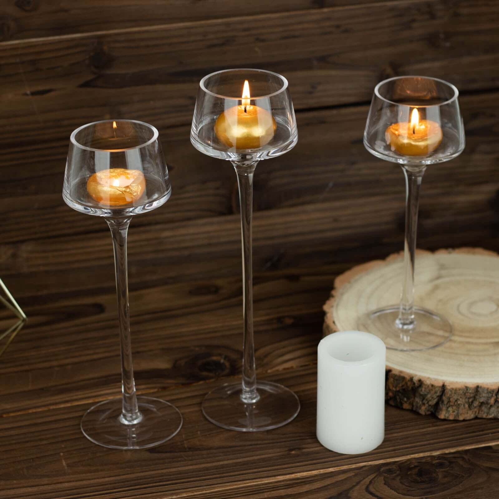 Set of 3 Glass Pedestal Vases Long Stem Clear - Tall Disc Candle Holders for Floral Centerpieces 8", 9", 10"