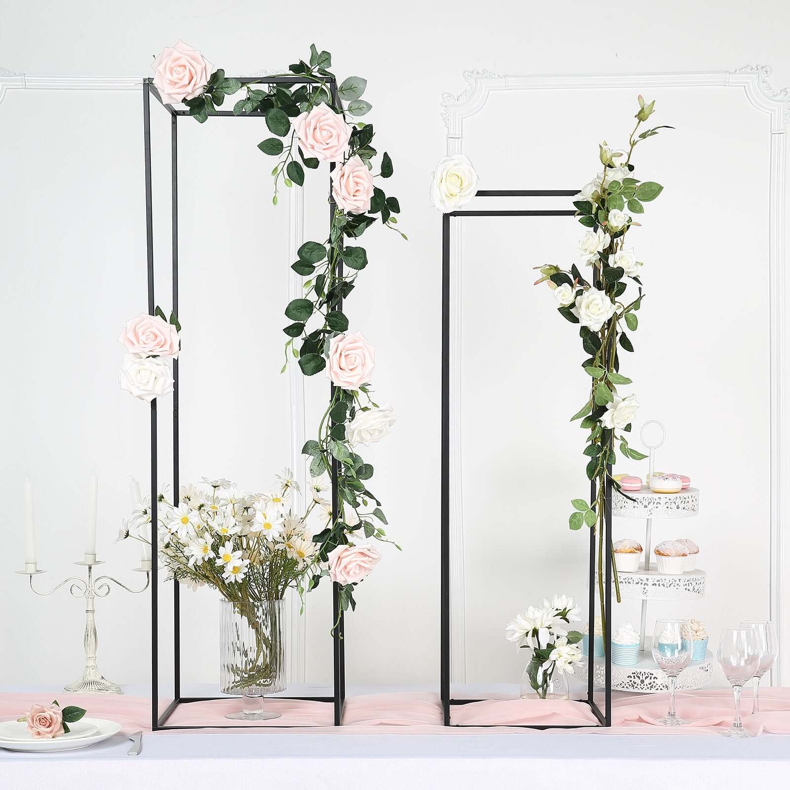 2-Pack Wedding Flower Stand Matte Black Metal Geometric Column Frame Rectangular - Versatile Floral Pedestal for Sophisticated Arrangements 40"