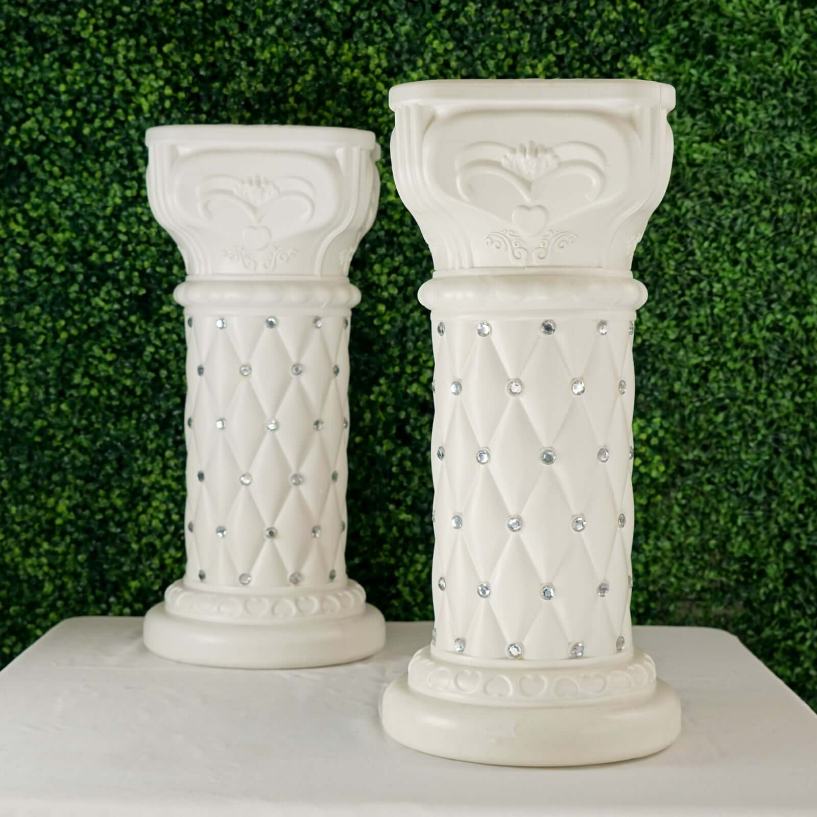 2 Pack White Crystal Beaded Pedestal Stand French Inspired Pillar With 10mm Crystal Studs - 25" Tall PVC
