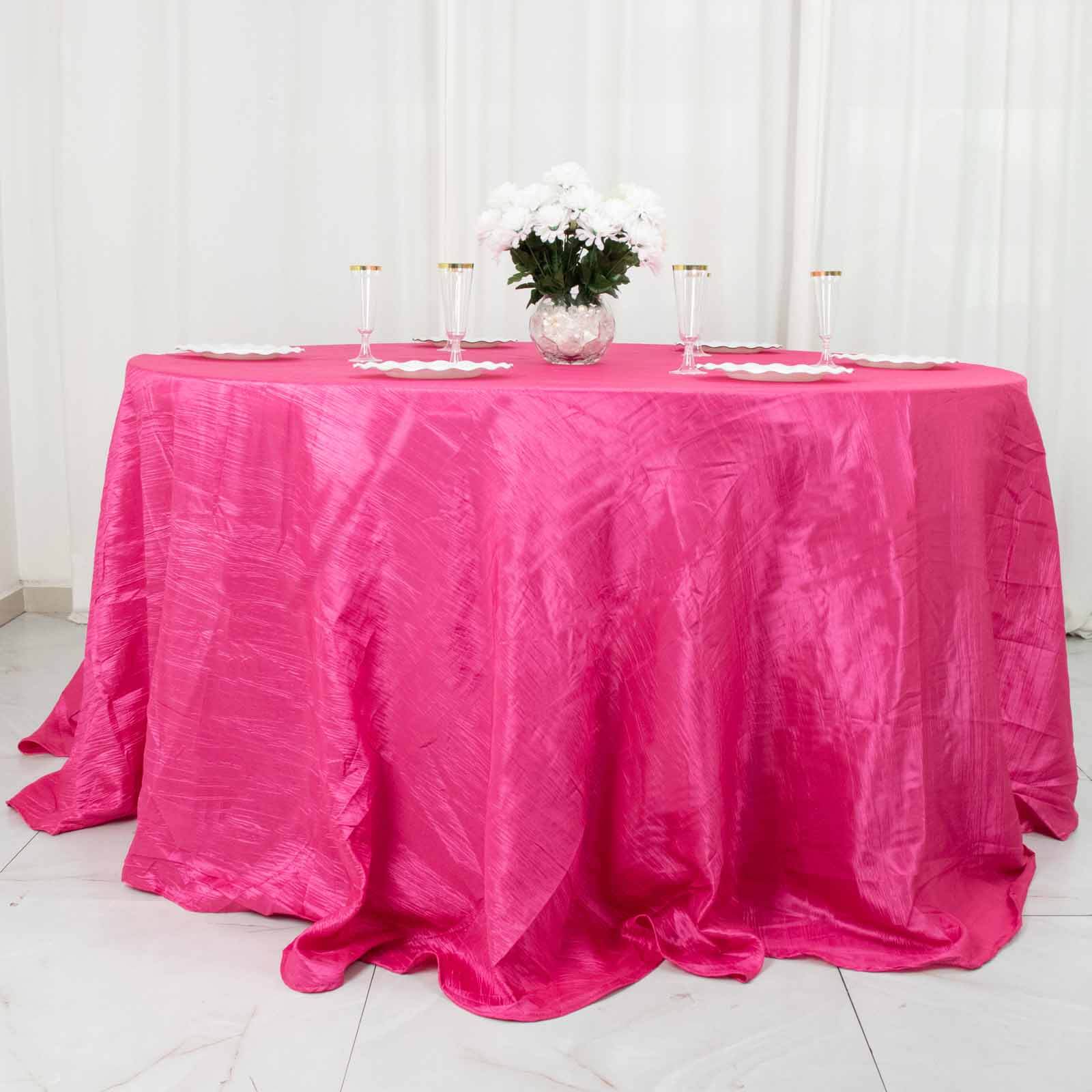 Taffeta 132" Round Tablecloth Fuchsia - Seamless Accordion Crinkle Table Cover