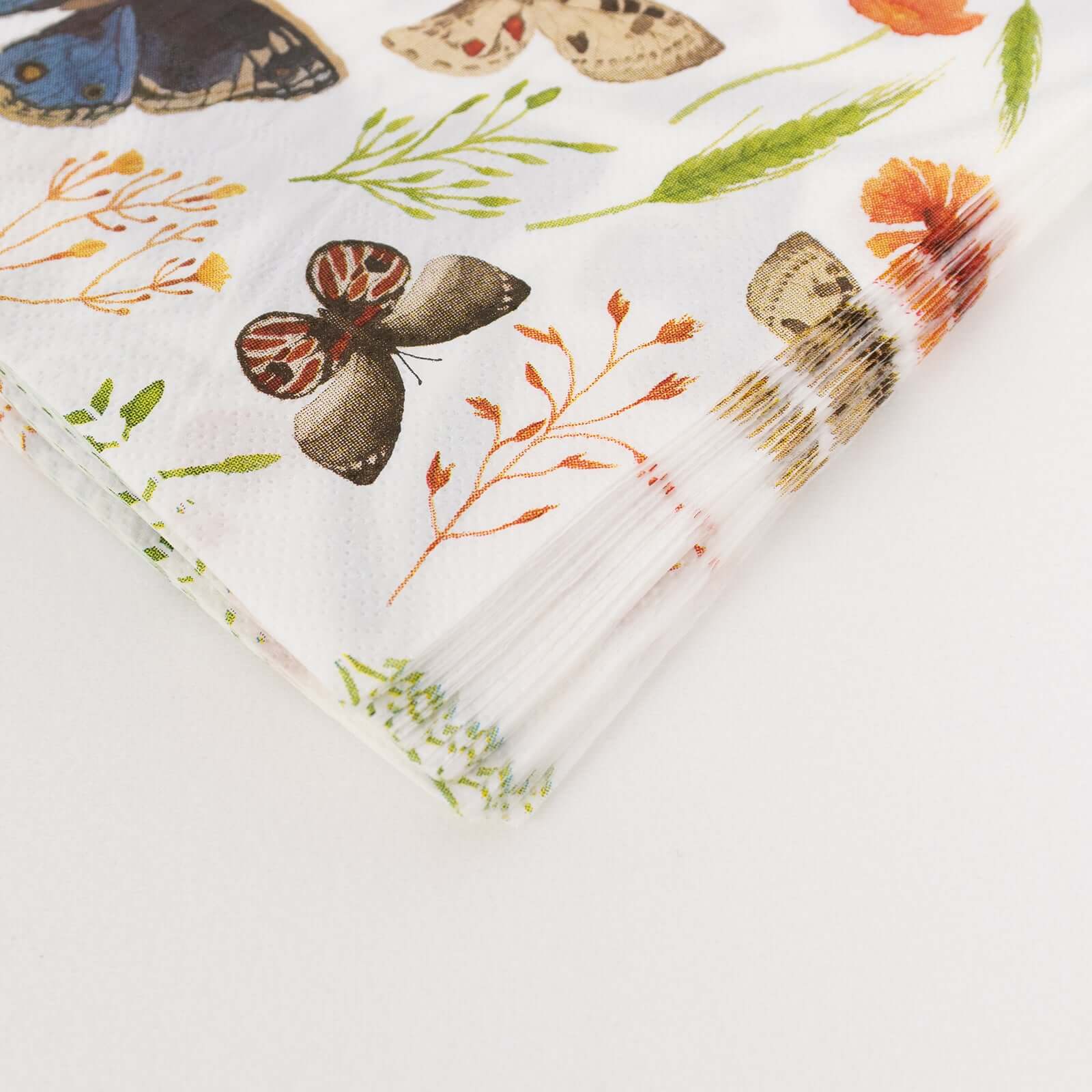 50-Pack Paper Beverage Napkins with Field Herbs and Butterfly Print Ivory - 2 Ply Disposable 18GSM Garden Party Napkins 5"x5"