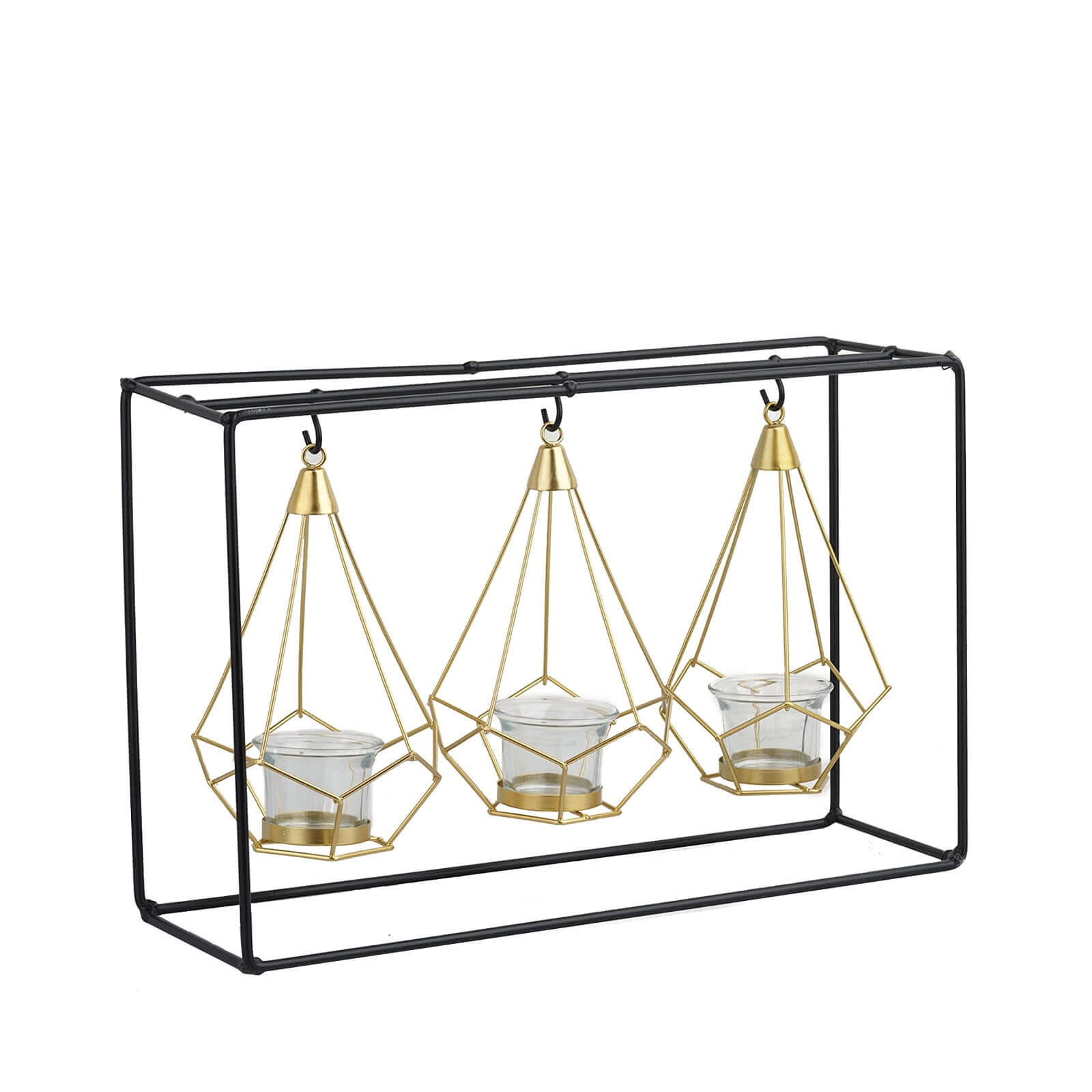 3-Pack Hanging Candle Holders Gold Geometric Design 8" with Black Iron Stand - Trendy Tealight Centerpieces for Tables 10" Tall