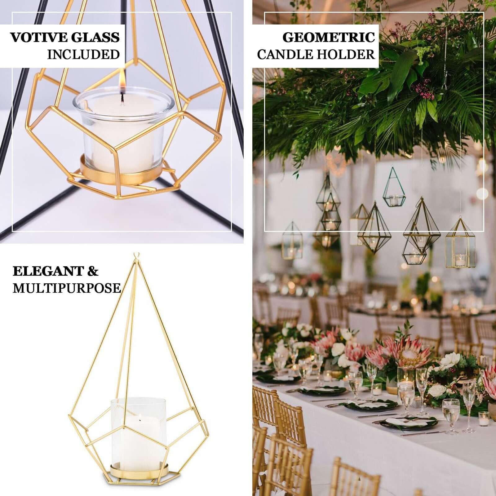 Set of Metal Candle Holders Linked Geometric Design Gold - Modern Votive Glass Decor for Tables & Gatherings 16"