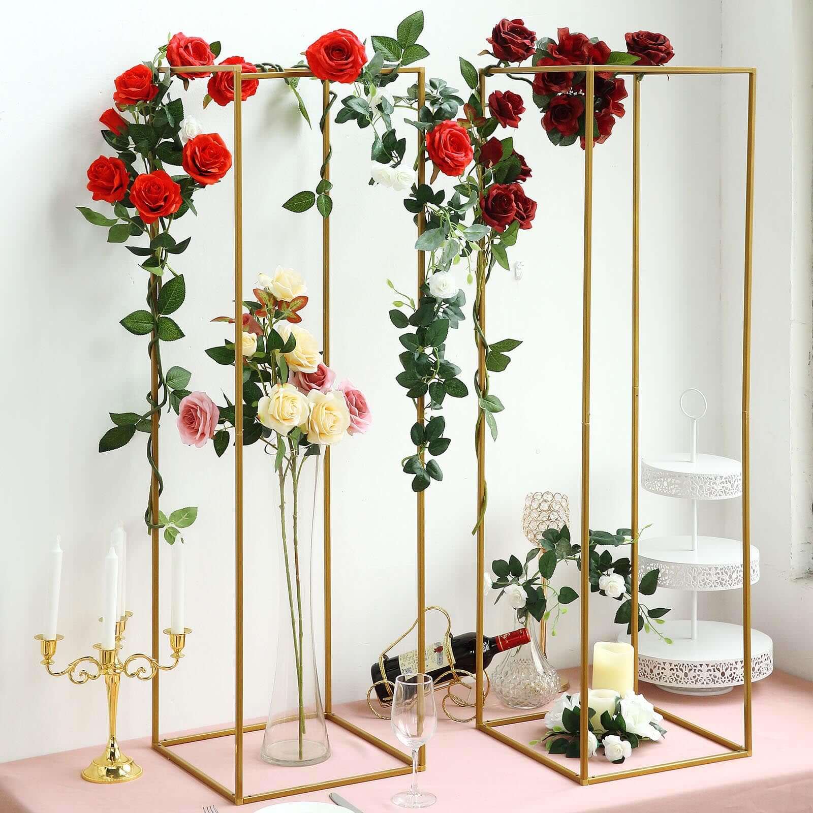 2-Pack Wedding Flower Stand Gold Metal Geometric Column Frame Rectangular - Versatile Floral Pedestal for Upscale Arrangements 48"