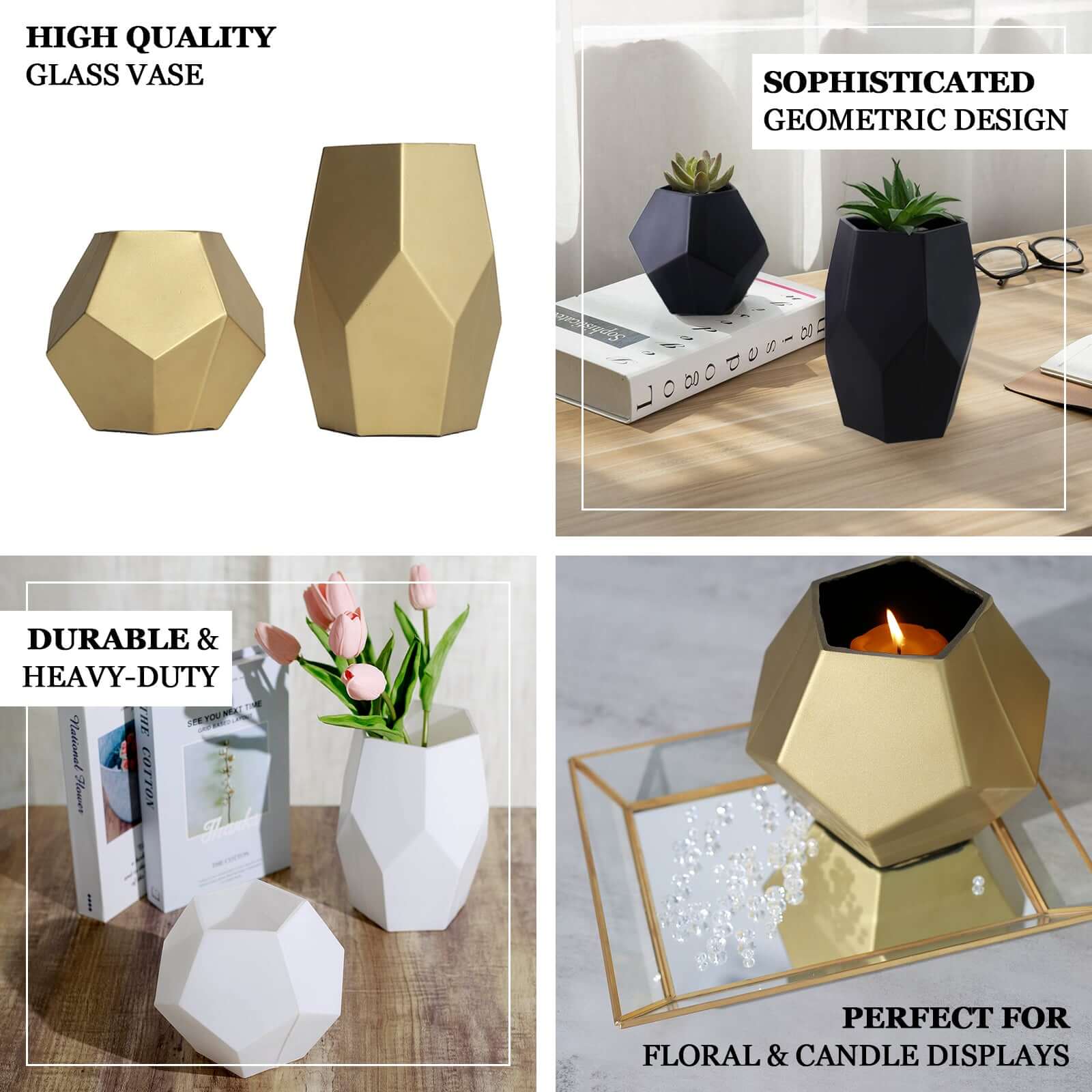 Set of 2 Glass Flower Vases Geometric Design Matte Gold - Stylish Modern Candle Holder Centerpieces 5", 8"