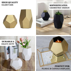 Set of 2 Glass Flower Vases Geometric Design Matte Gold - Stylish Modern Candle Holder Centerpieces 5", 8"