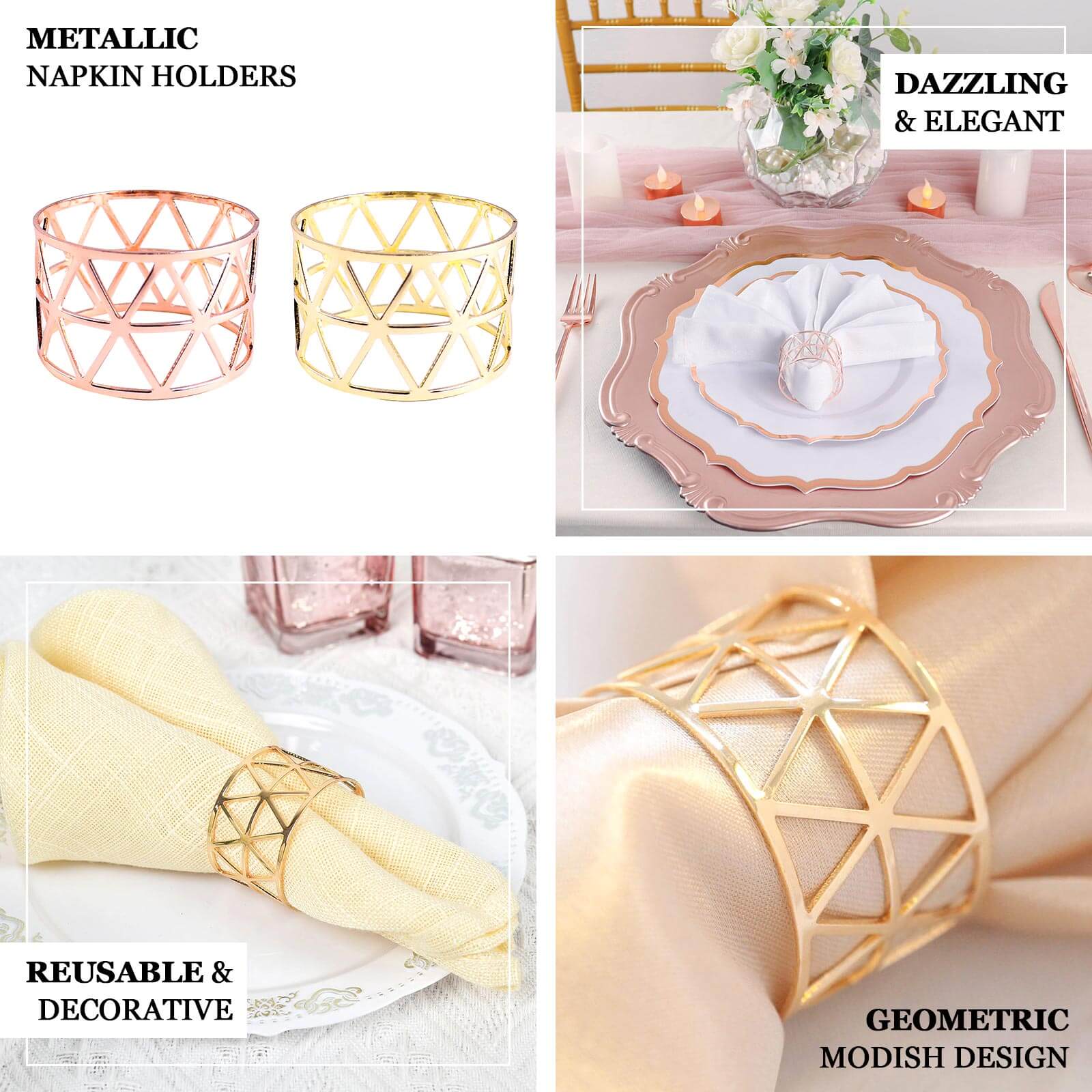5 Pack Metallic Blush Rose Gold Geometric Napkin Rings, Paper Napkin Holders