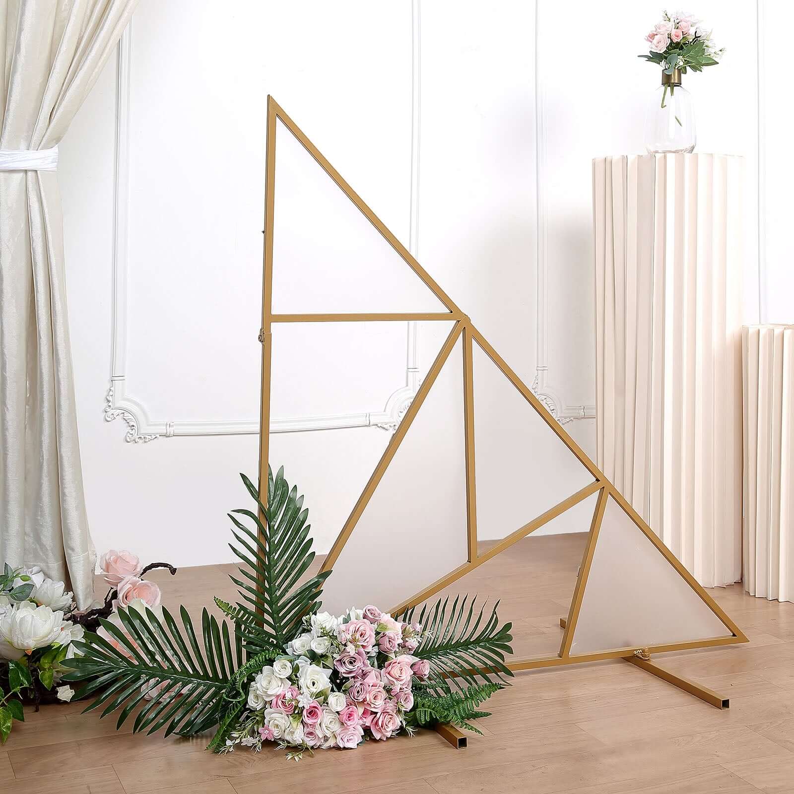 3ft Tall Gold Metal Triangular Geometric Flower Frame Prop Stand, Wedding Backdrop Floor Stand With Cloudy Film Insert