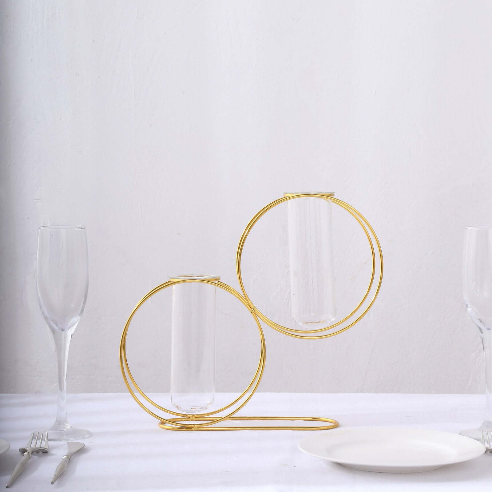 2 Pack 10" Gold Metal Geometric Floating Glass Vase Centerpiece, Nordic Style Double Ring Test Tube Flower Vase