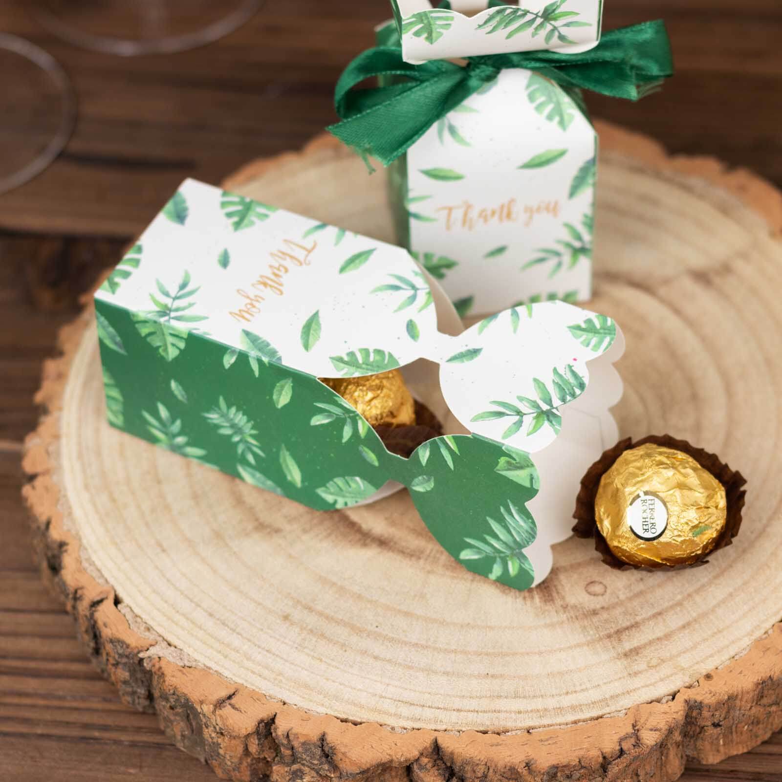 25 Pack White Green Leaf Print Satin Ribbon Candy Gift Boxes With Floral Top, Cardstock Paper Party Favor Boxes - 2"x5"