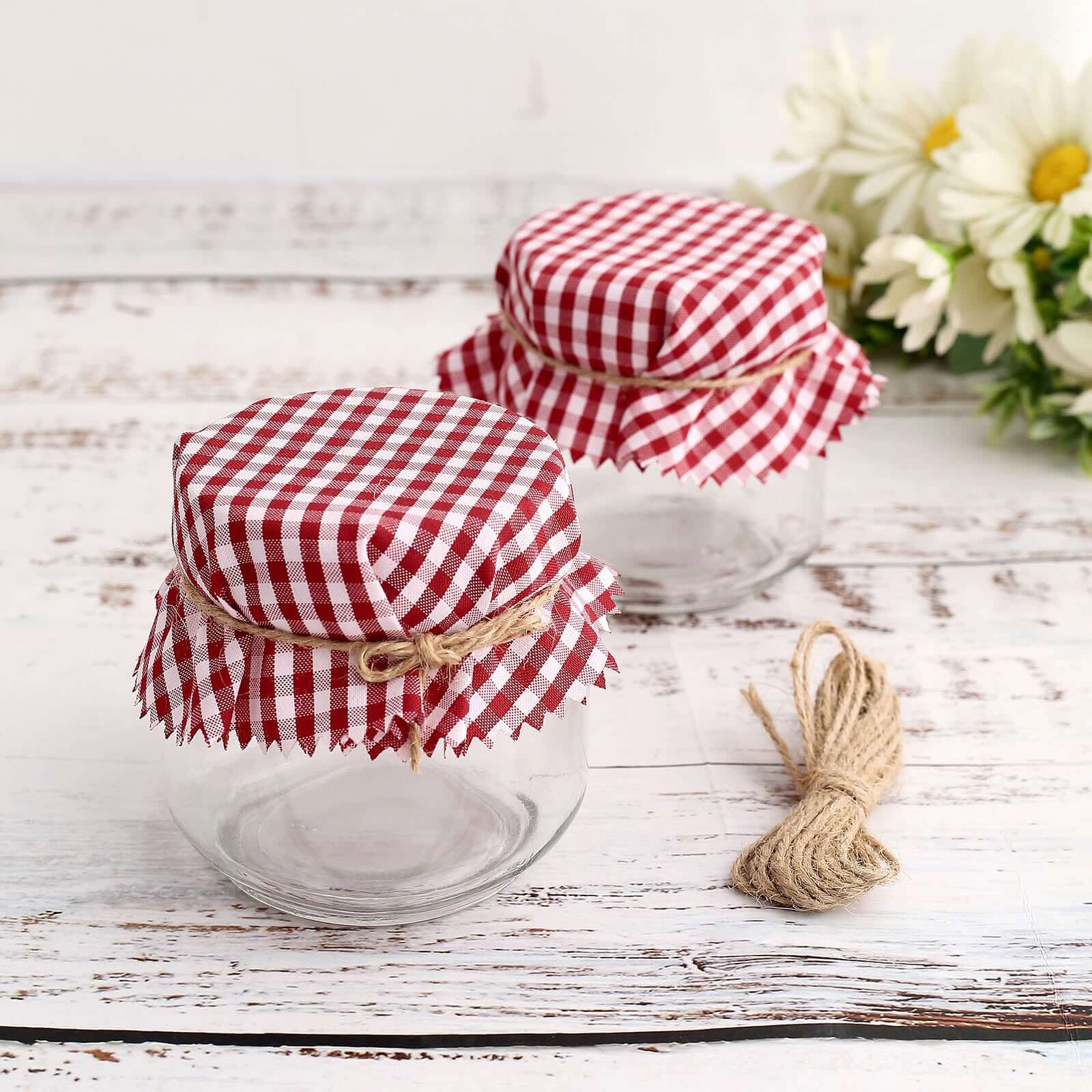 6 Pack 6" Red White Gingham Mason Jar Cloth Lid Covers, Checkered Jam Jar Covers with Jute String