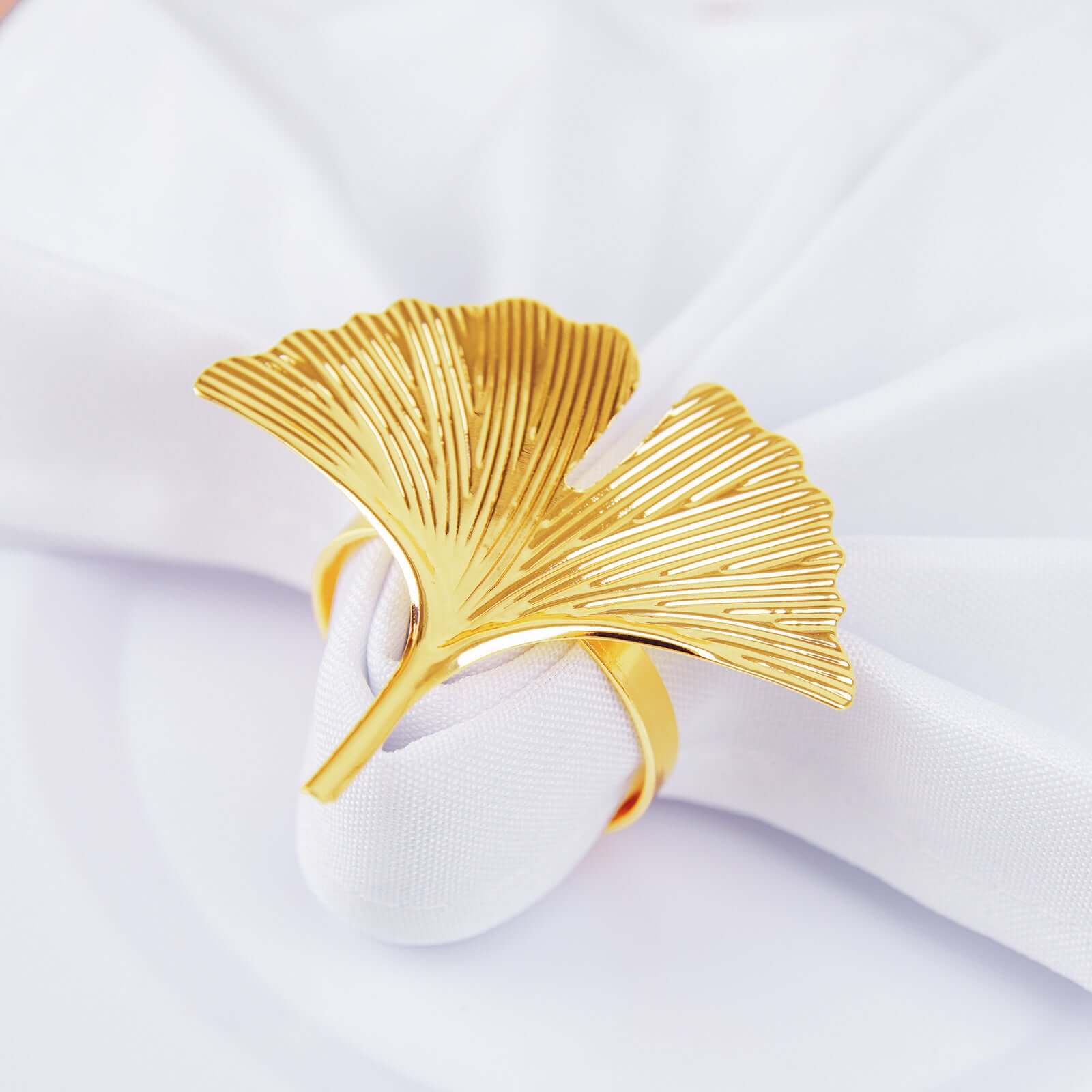 4 Pack Metallic Gold Ginkgo Leaf Napkin Rings, Ornate Design Linen Napkin Holders