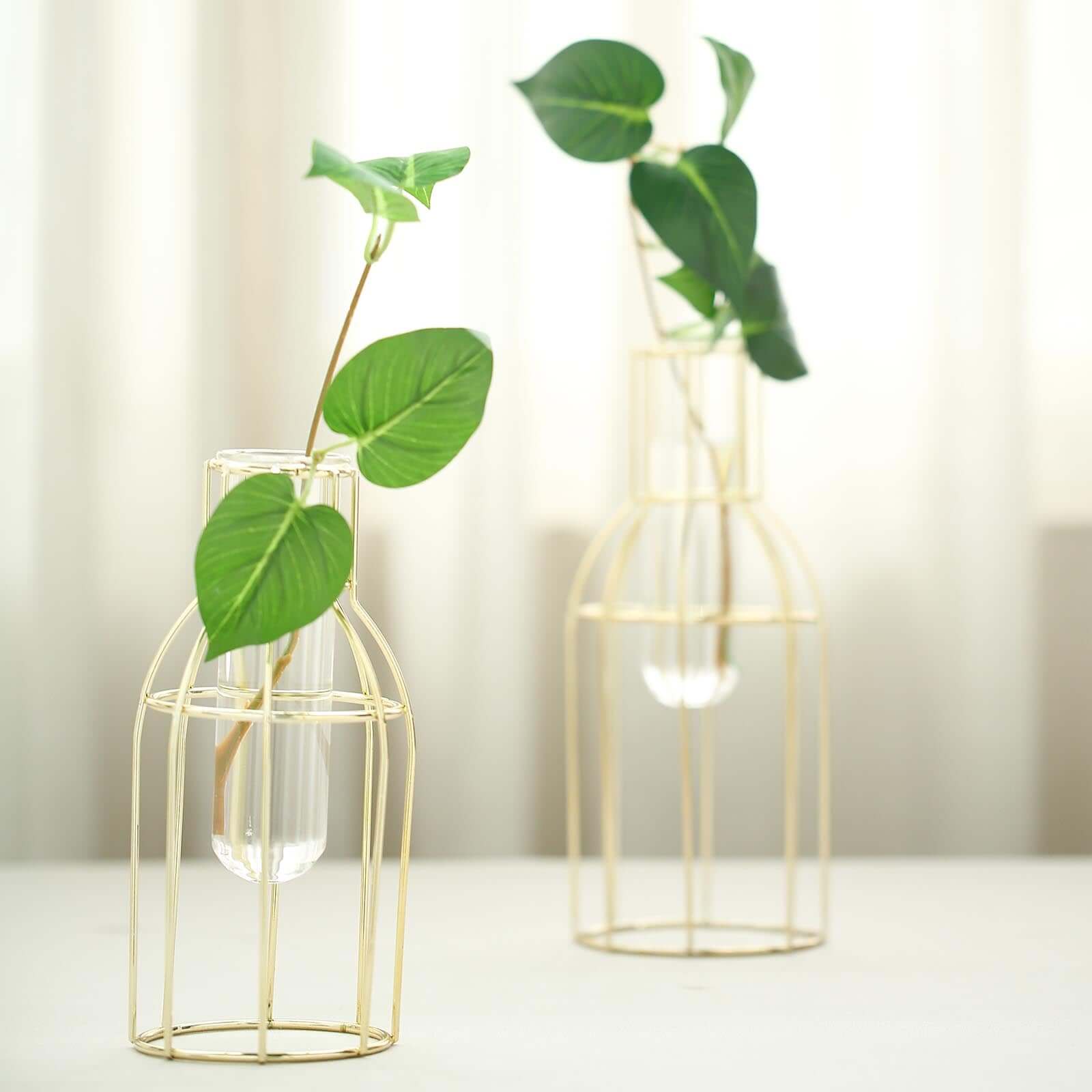 Set of 2 Wedding Centerpieces Gold Metal Frame Bottle Shaped Design - Geometric Glass Bud Vases 8",10"