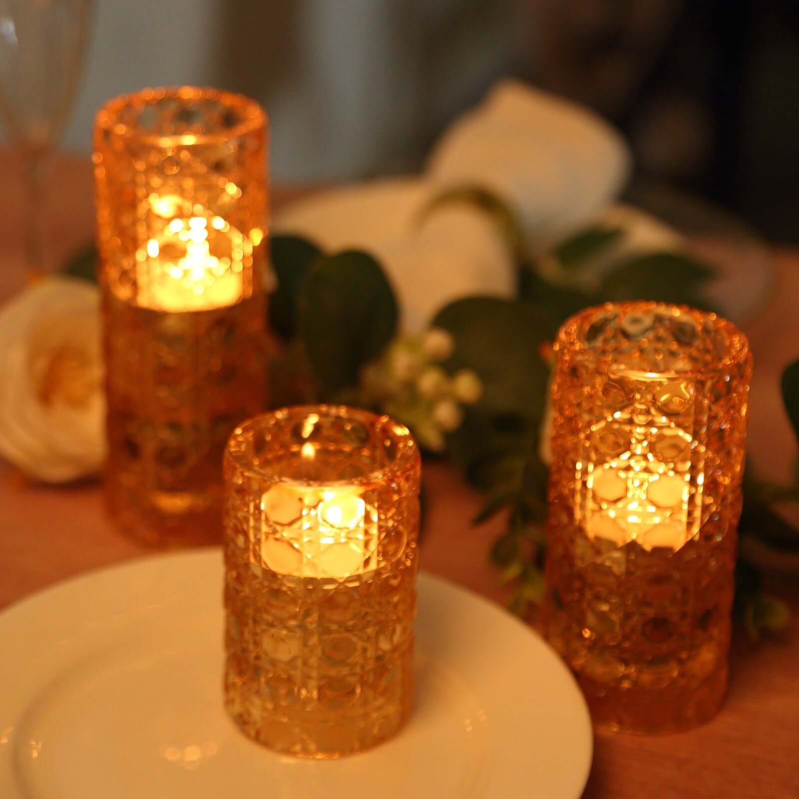 Set of 3 Glass Taper Candle Holders Amber Gold with Gemstone Pattern - Dual Sided Crystal Cylinder Tealight Stands 3", 4", 5.5"