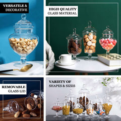 Set of 3 Glass Candy Jars Pedestal Apothecary Design Clear with Snap-On Lids - Stylish Party Favor Containers 10"/12"/14"