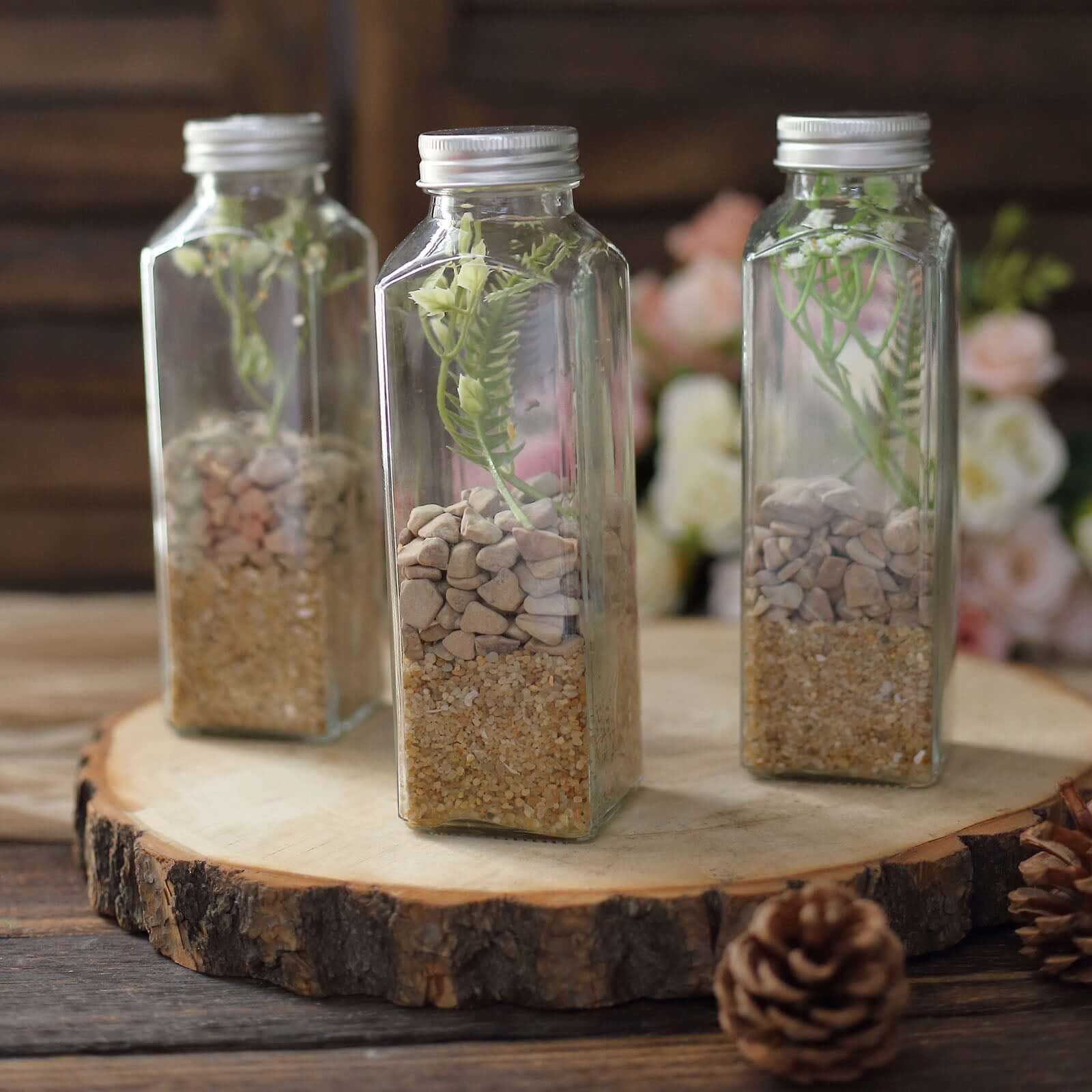12-Pack Glass Jars French Square Design Clear with Aluminum Caps - Refillable Storage Bottles for Pantry & Organization 7" 12oz