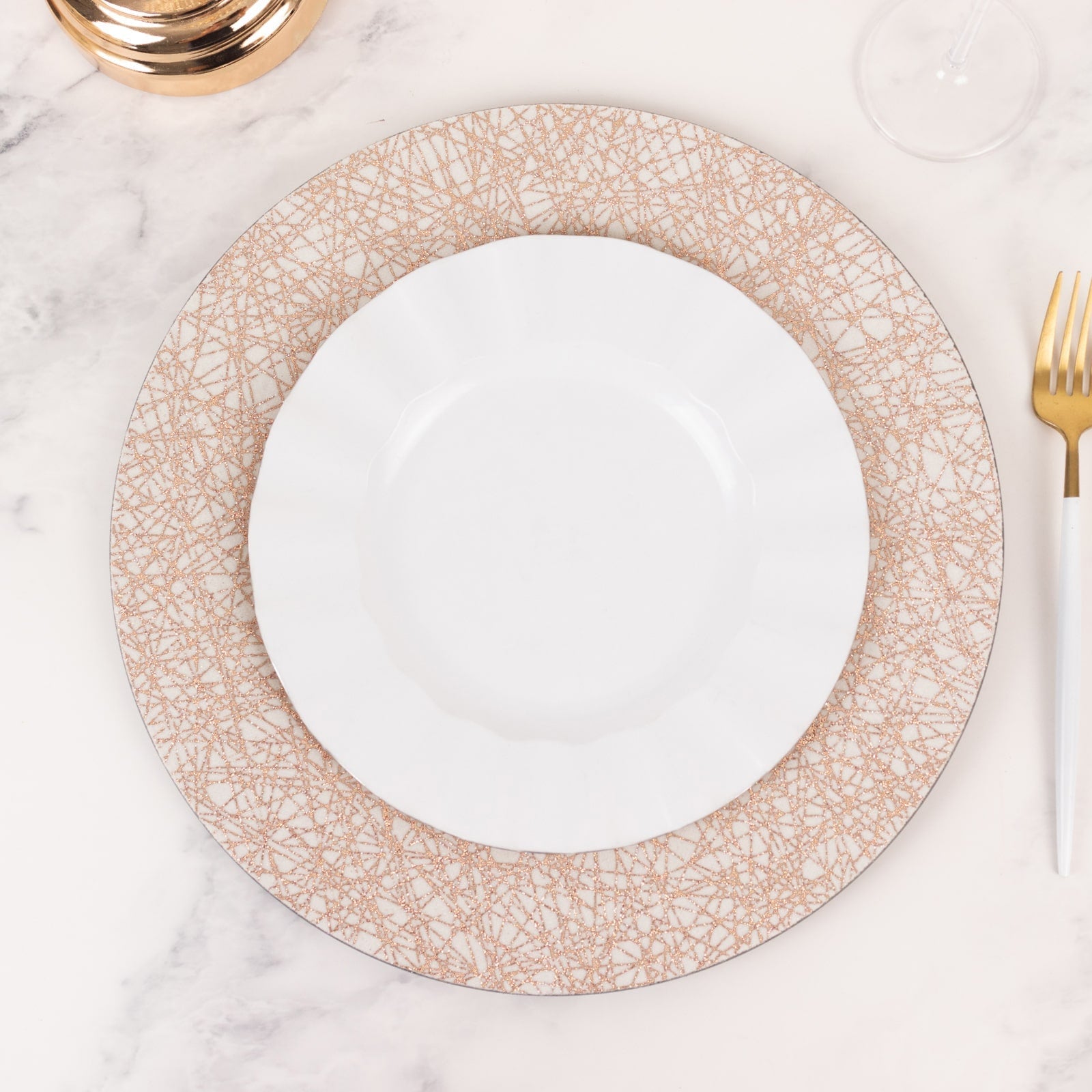 6-Pack Acrylic Round Charger Plates 13" in Rose Gold with Glitter Abstract Lines Pattern, Decorative Dinner Party Charger Tableware