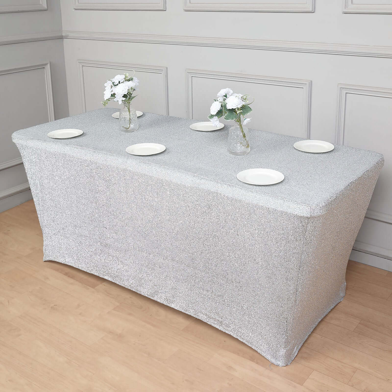 Shimmer Tinsel Spandex 72"x30" Rectangle Tablecloth Metallic Silver Glittered Shiny Stretch Table Cover