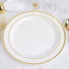 10-Pack Plastic Dinner Plates White with Très Chic Gold Rim - Perfect Disposable Party Plates 10"