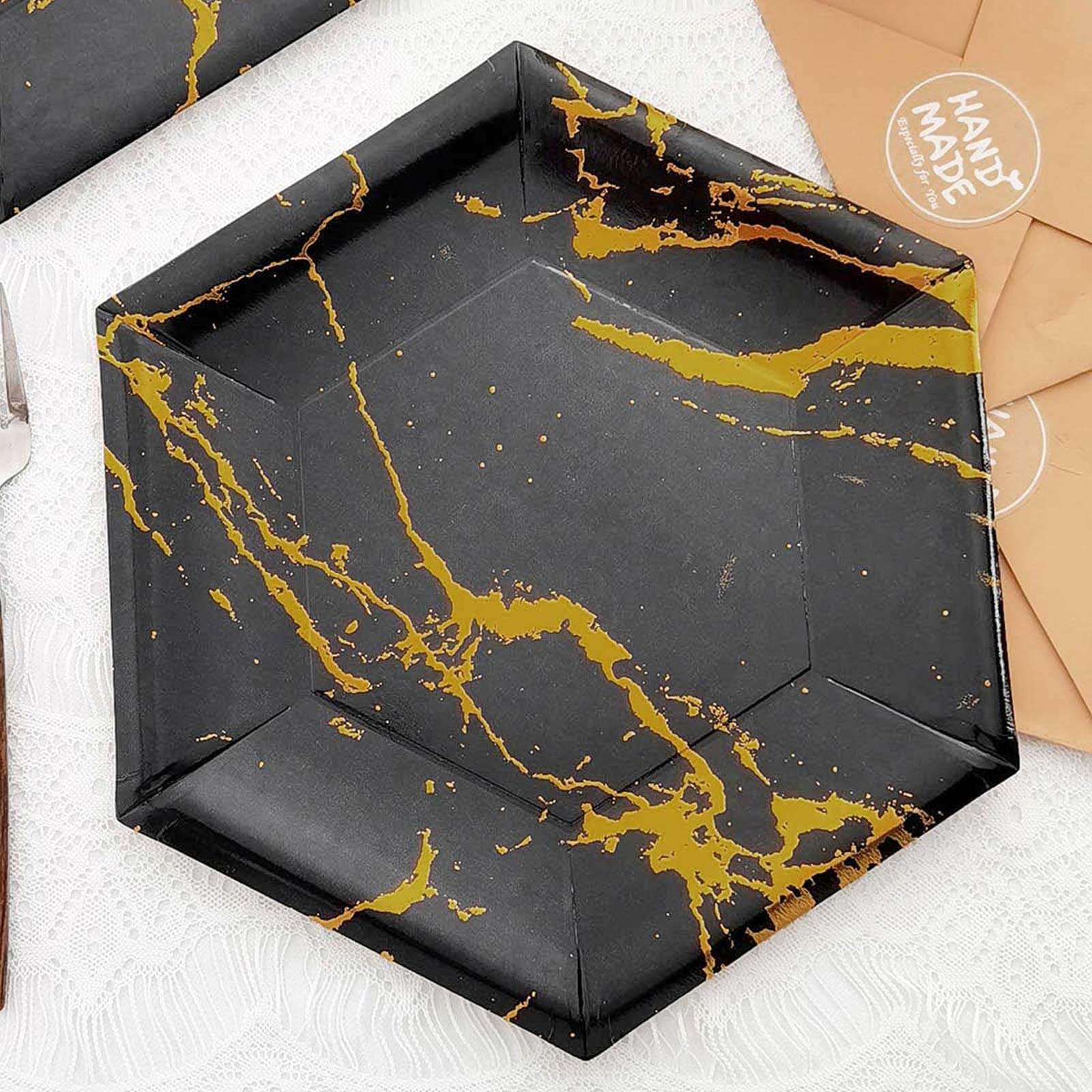25-Pack Paper 12" Hexagon Dinner Plates in Black with Gold Marble Design - Disposable Geometric 400GSM Party Plates for Events & Banquets