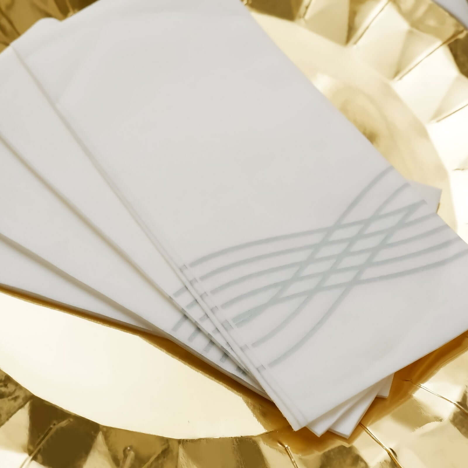 25 Pack Linen-Like Paper 8"x4" Napkins White with Metallic Silver Foil Wave Design - Soft & Absotbent Airlaid Hand Towels