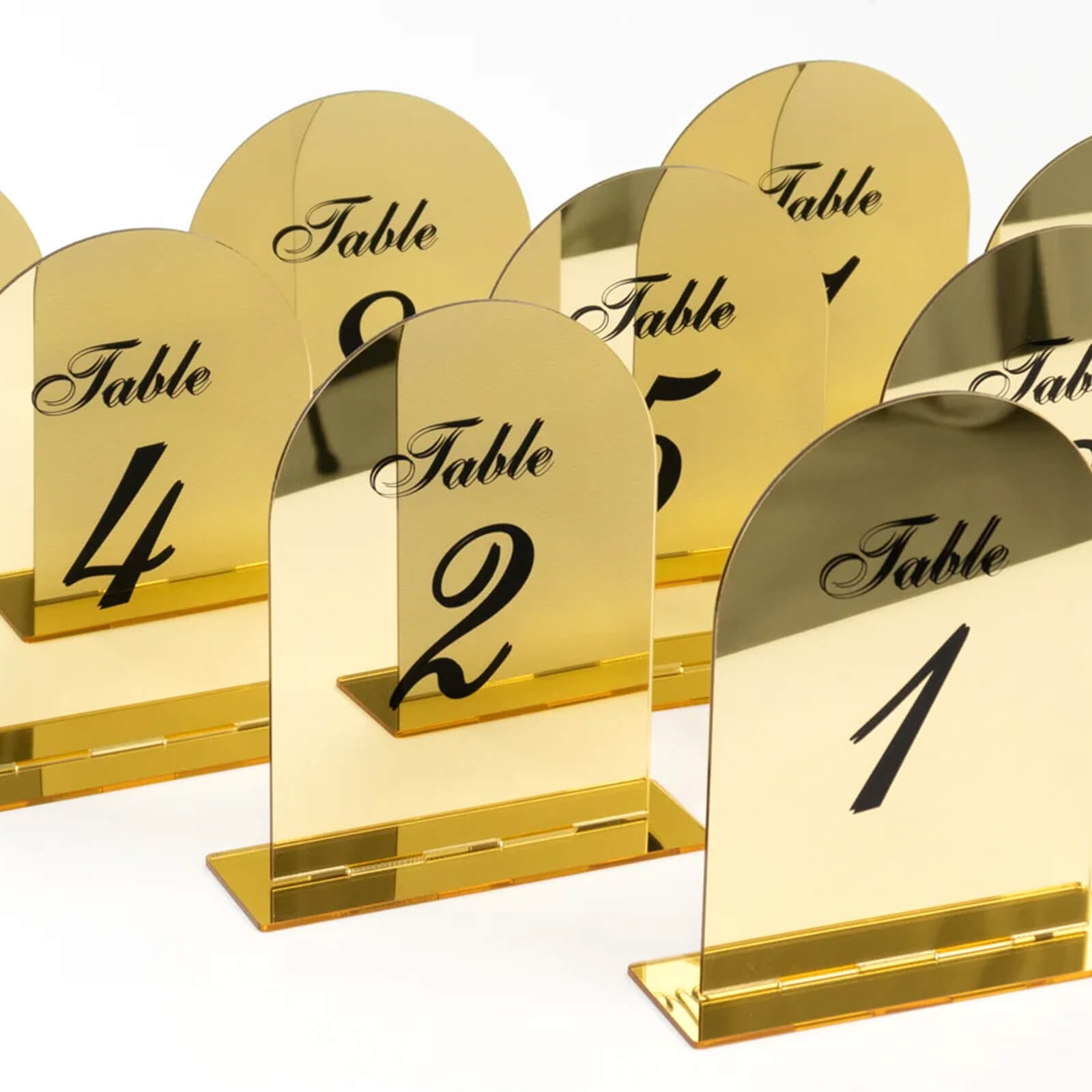 Gold Mirror Arch Acrylic Table Numbers (1-10) - 6"x7" Wedding Reception Signs with Black Print & Stands