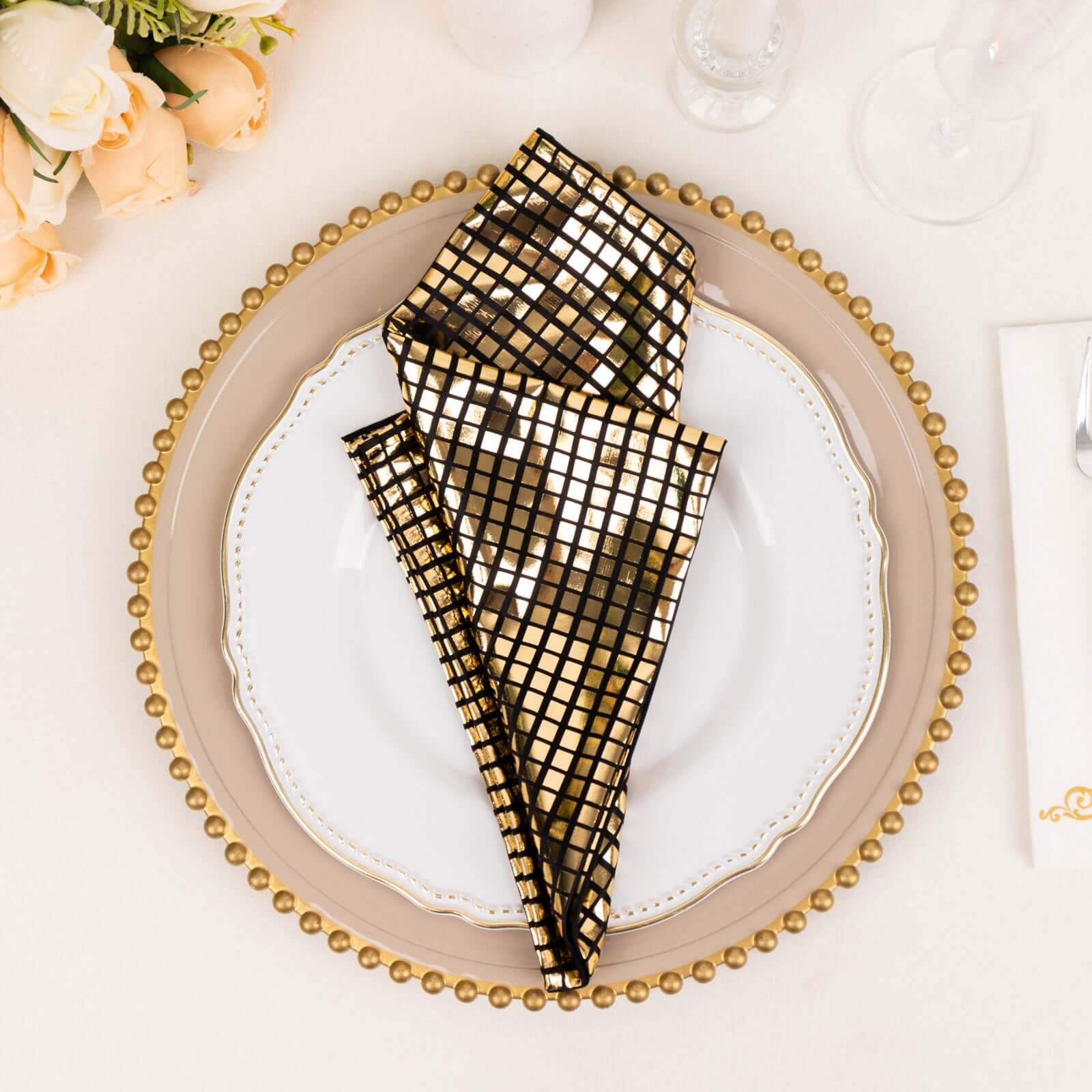 5 Pack Polyester 20"x20" Napkins Black with Refelective Gold Foil for Luxe Events & Retro Themes