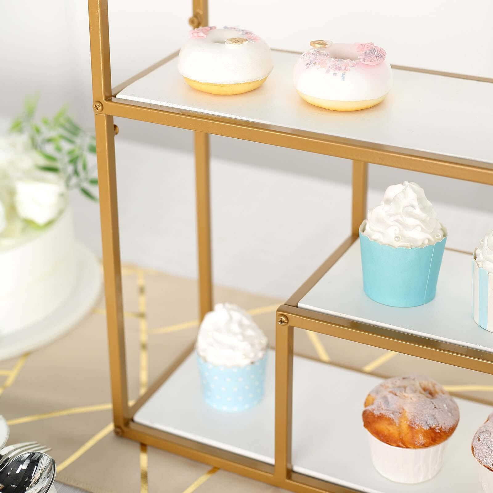 4-Tier Dessert Cupcake Stand Metal Gold with White Wood Panels - Wall Shelf & Book Display Rack 22"