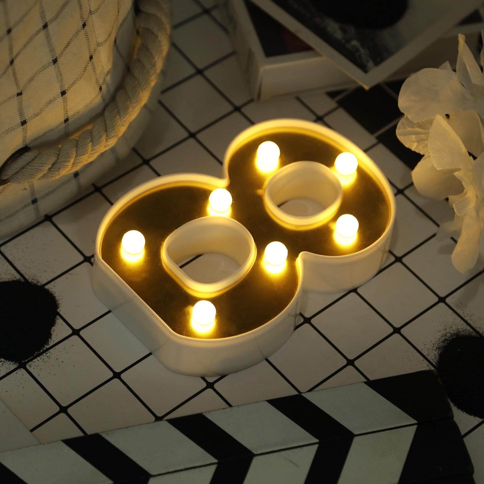3D Marquee Number "8" Warm White 7 LED Lights Gold - Stylish Light-Up Accent for Events 6"