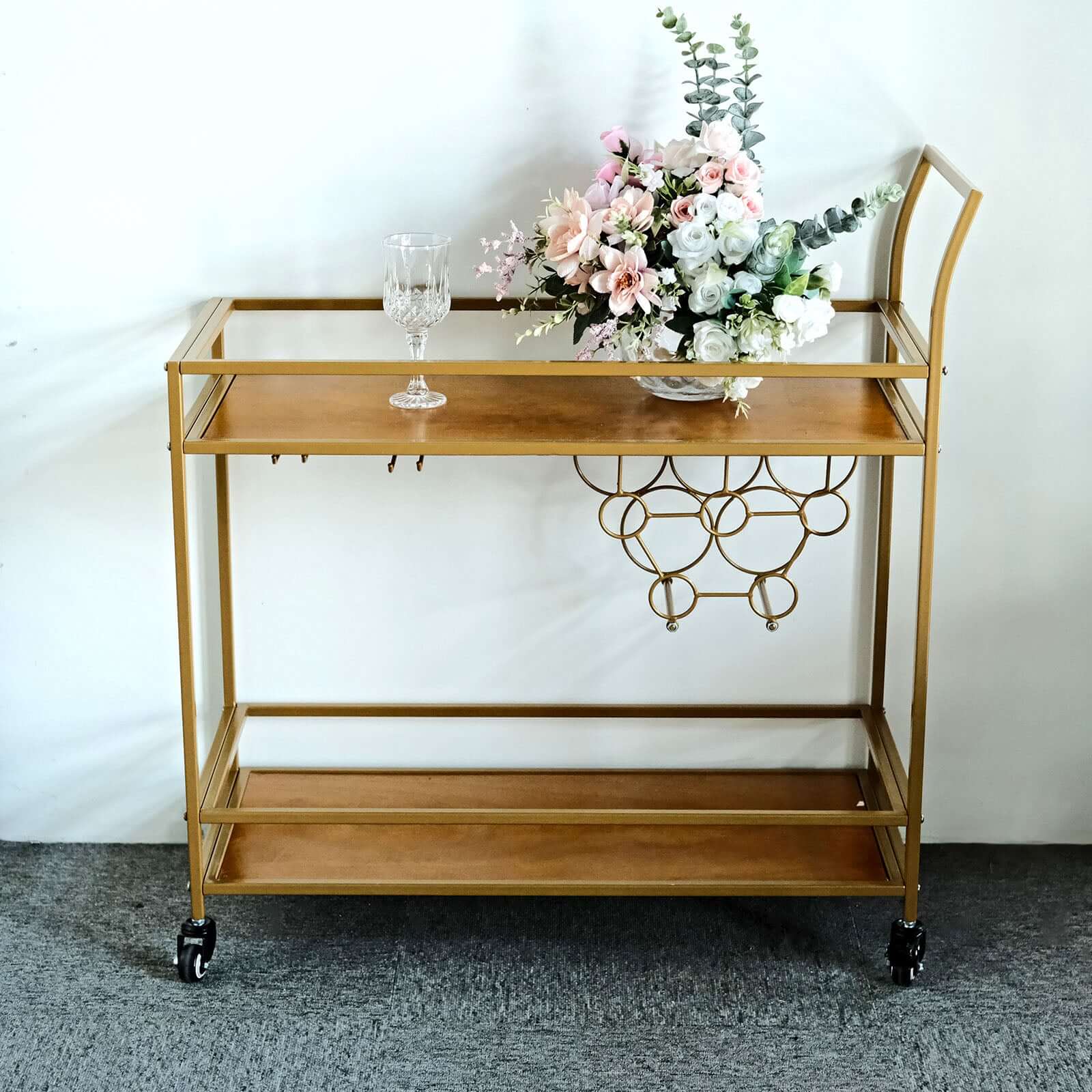 Gold Metal Bar Cart with Wooden Serving Trays 2-Tier - Wine Rack Holds 5 Bottles and 2 Glasses for Events 3ft