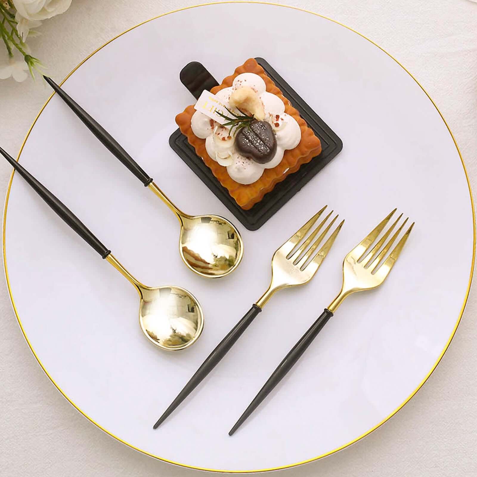 24-Pack Plastic Fork and Spoon Set Gold/Black - Heavy Duty Disposable Modern Utensils 6"
