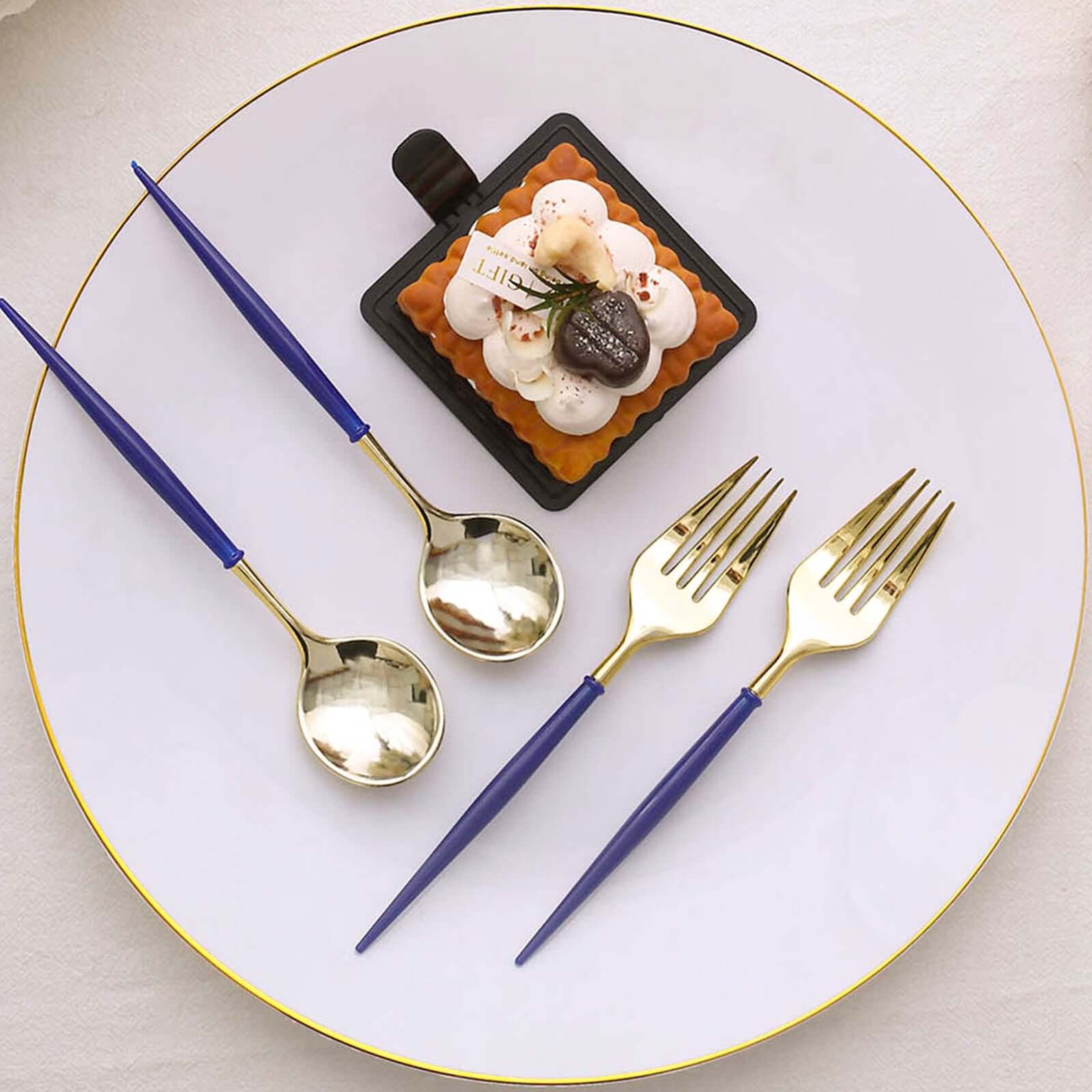 24-Pack Plastic Fork and Spoon Set Gold/Royal Blue 6"