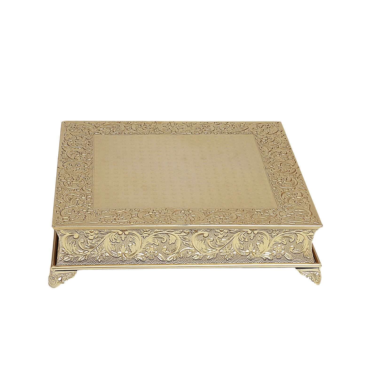 22" Square Gold Embossed Cake Pedestal, Metal Cake Stand Cake Riser