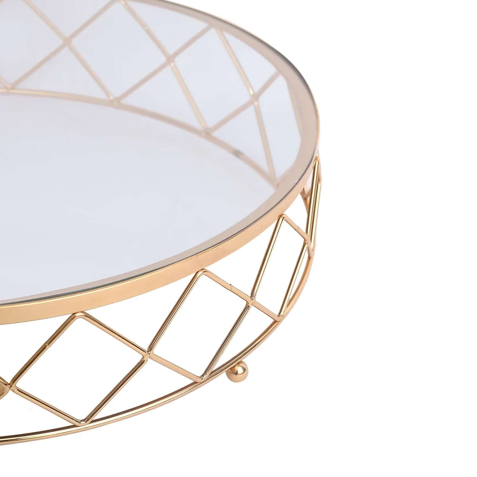 Metal Cake Stand Geometric Diamond Cut Design Gold with Glass Top - Dessert Display Riser 16"