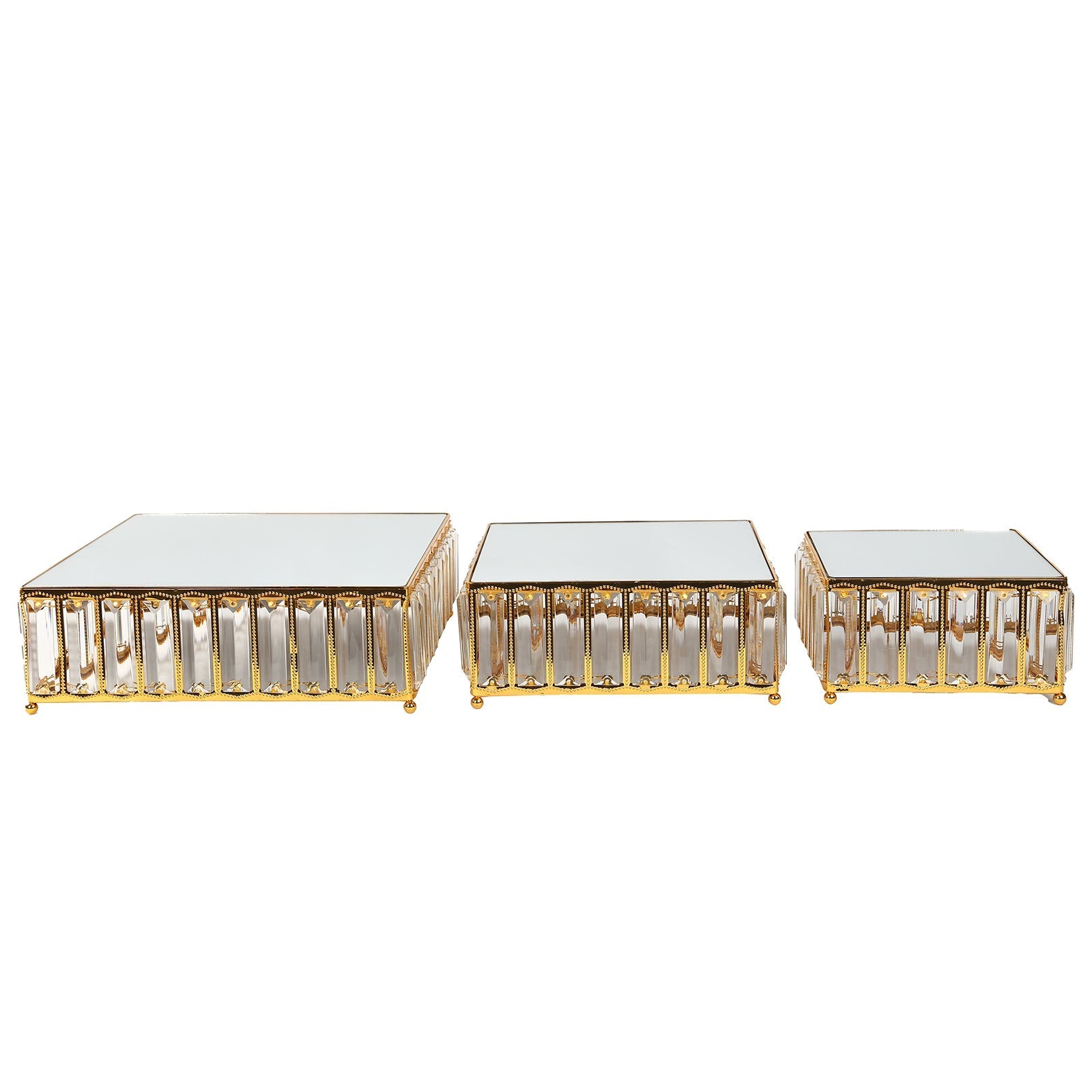 Set of 3 Gold Metal Crystal Pendant Cake Stands with Mirror Top, Stackable Square Dessert Display Trays - 7",10",12"