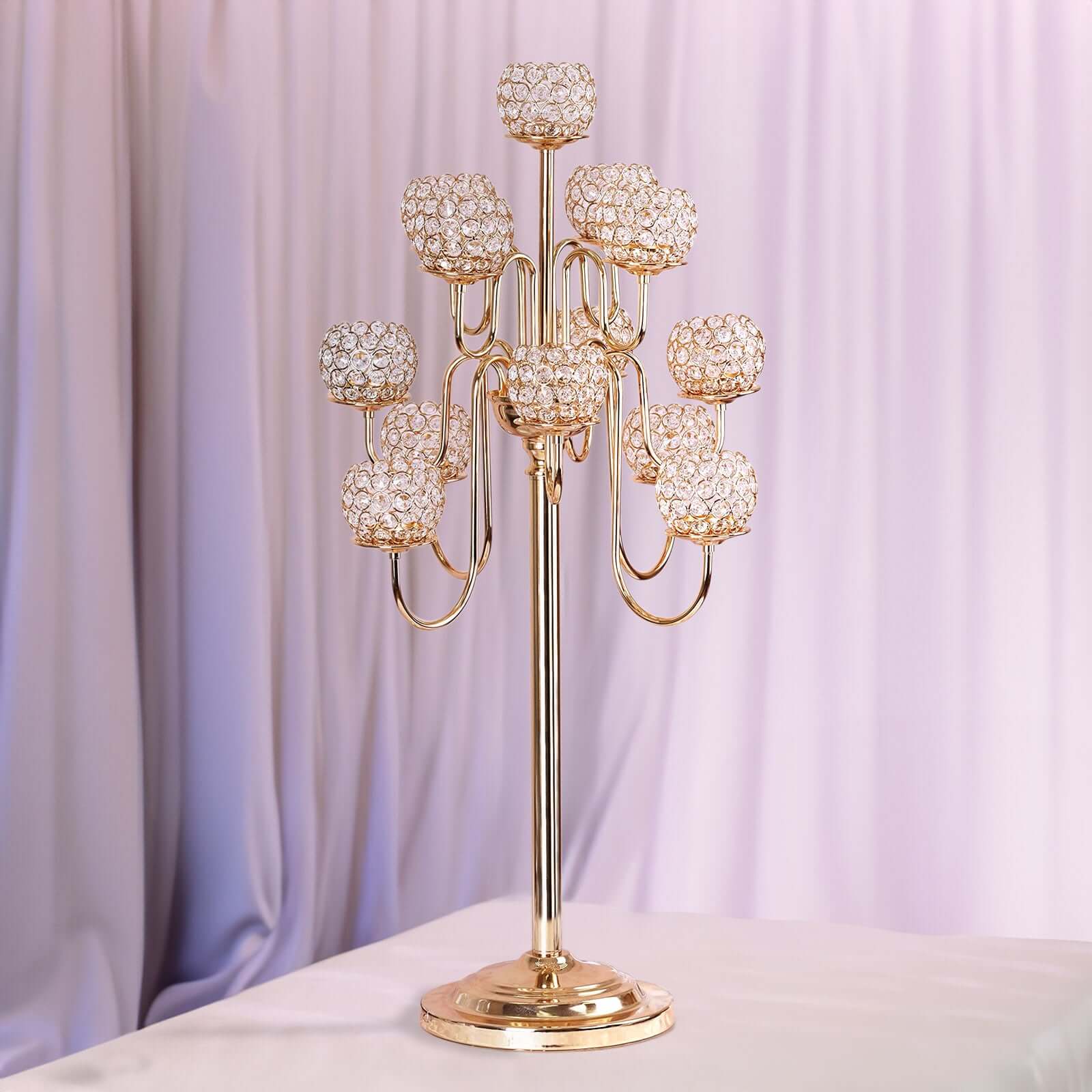 Metal Crystal Beaded Candelabra Gold 13 Arm Design - Table Centerpiece for Events 40"