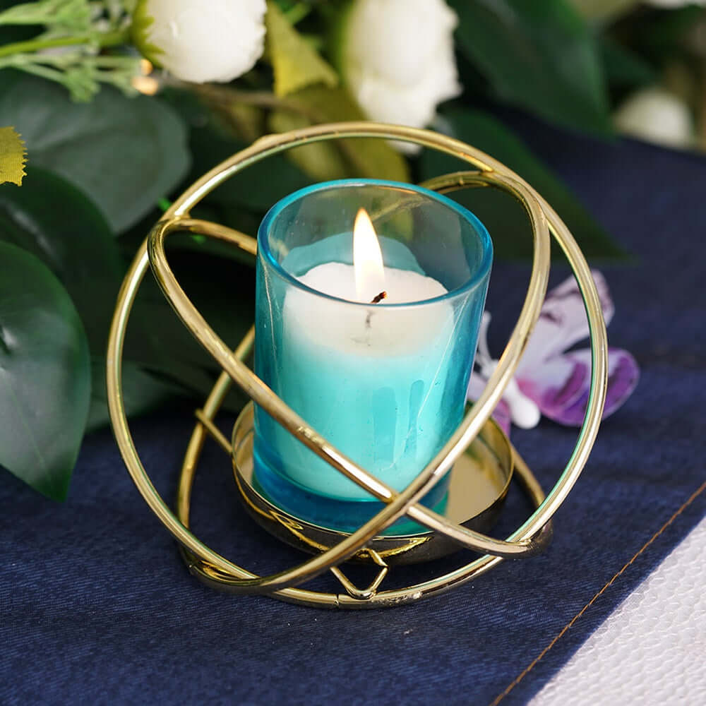 3-Pack Geometric Candle Holders Gold Metal Design with Bud Vase Votive Glass - Chic Wedding & Event Decor 3"