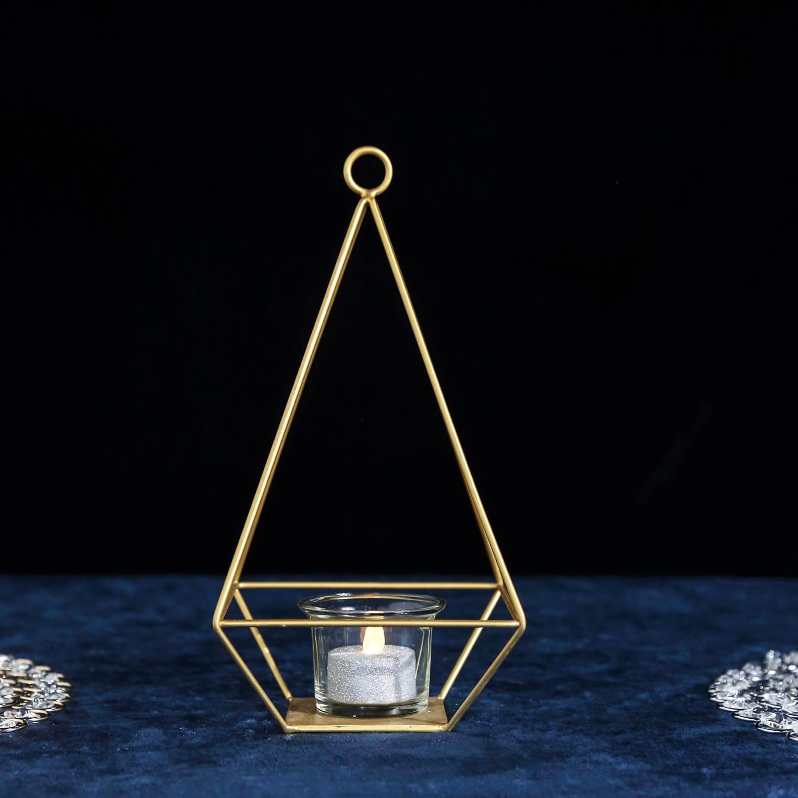 2-Pack Tealight Candle Holders Gold Metal Pyramid Geometric Open Frame - Flower Stand 9"